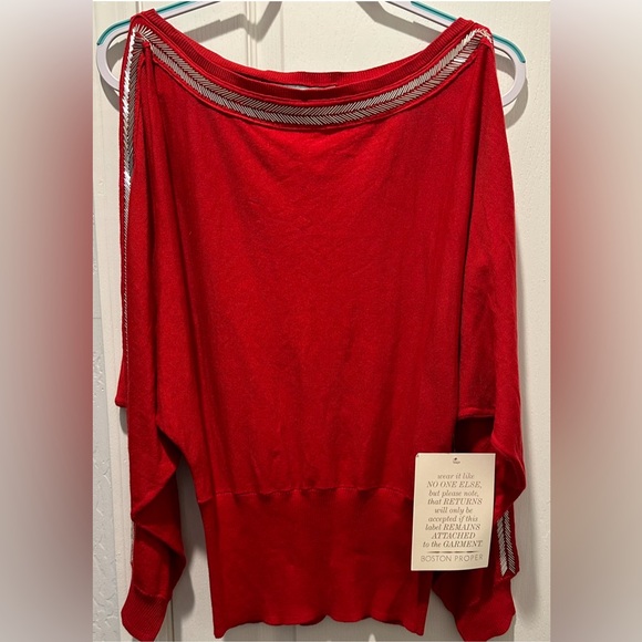 NWT Boston Proper Chevron Beaded Open Sleeve Sweater Heartthrob Red Holiday Glam - Picture 2 of 11